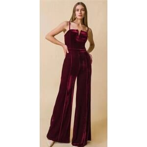 Unique Vintage Flying Tomato Dark Red Velvet Wide Leg Jumpsuit 1X NWOT